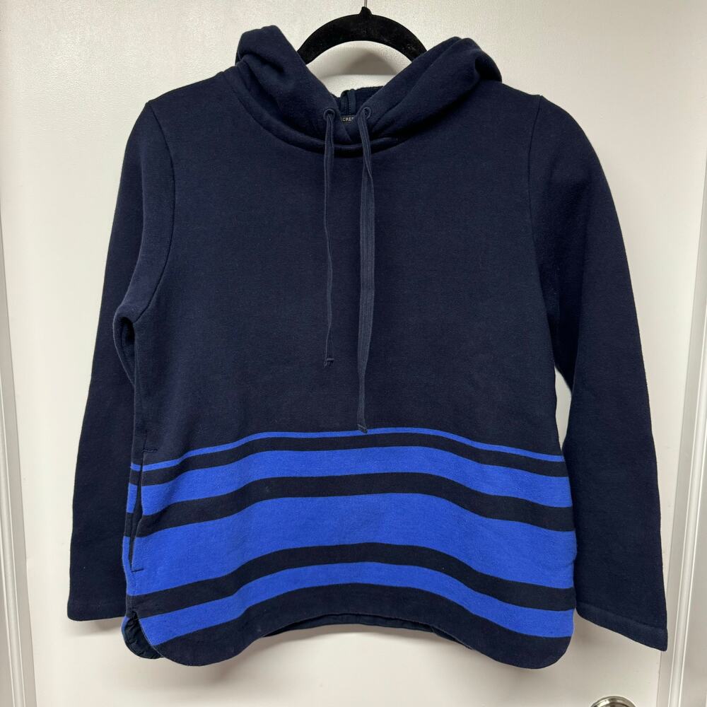 J.Crew Women Navy Blue Striped Sweatshirt Hoodie Pockets Size Small Cotton Blend